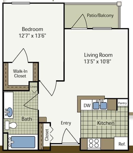 A floor plan of a small apartment with a bedroom, living room, kitchen, bathroom, and walk-in closet.