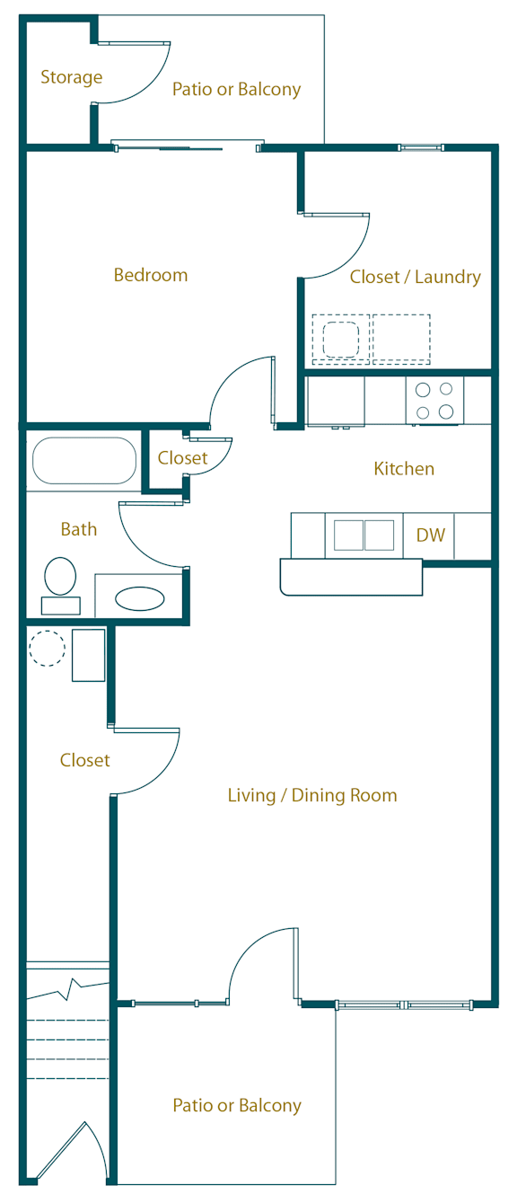A floor plan of a one bedroom apartment 
with labeled rooms such as Bedroom, Bath, Kitchen, and Living/Dining Room.