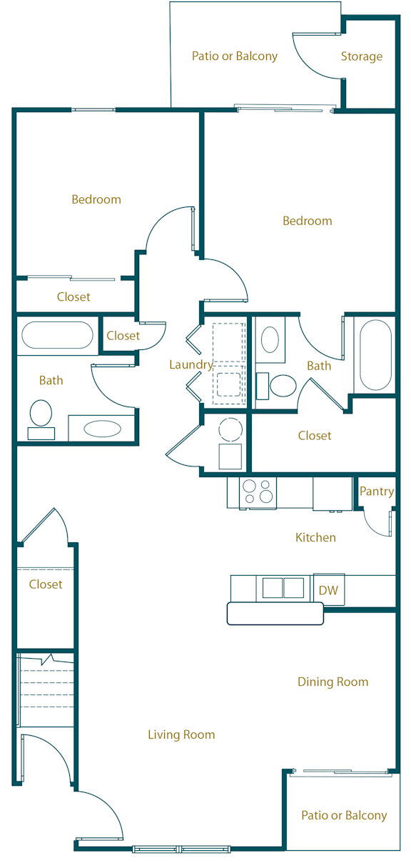 A floor plan of a two bedroom apartment with labeled rooms such as Bedroom, Bath, Kitchen, and Living Room.