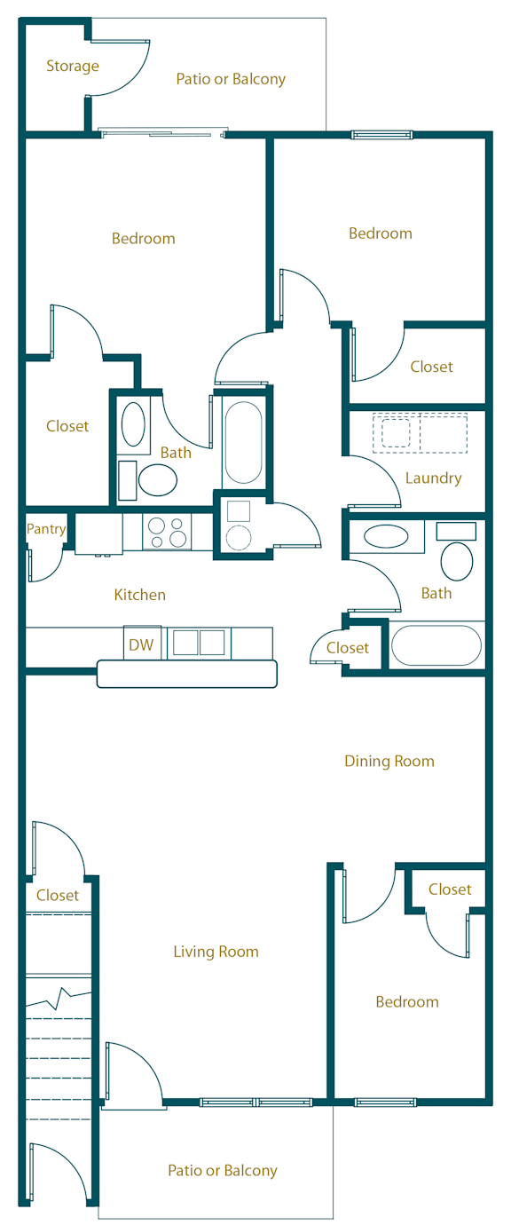 A floor plan of an apartment with three bedrooms, a living room, a kitchen, a bathroom, a closet, and a patio or balcony.