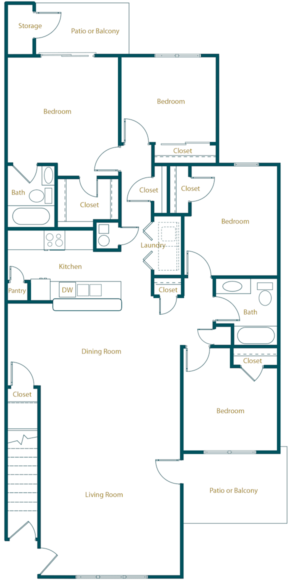 A floor plan of an apartment with four bedrooms with labeled rooms such as Bedroom, Bathroom, Kitchen, Living Room, Dining Room, and Patio or Balcony.