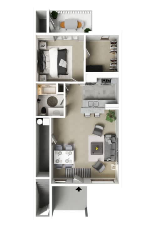 A floor plan of a small apartment with a kitchen, living room, and bedroom.