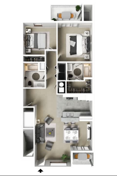 A floor plan of an apartment with a kitchen, living room, and two bedrooms.