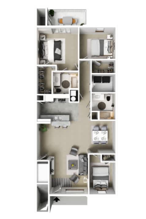 A floor plan of an apartment with a kitchen, living room, and three bedrooms.