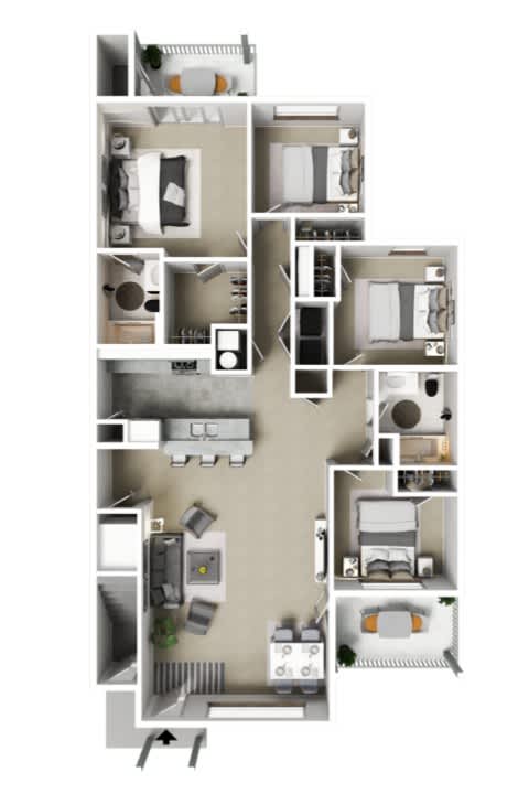A floor plan of an apartment with a kitchen, living room, and four bedrooms.