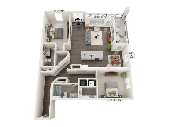 Diamond Two Bed Two Bath 3D floor plan at Quarry at River North Apartments, Indianapolis