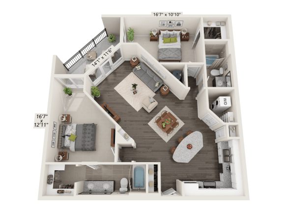 Emerald Two Bed Two Bath 3D floor plan at Quarry at River North Apartments, Indianapolis, IN 46240