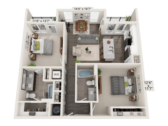 Floor Plan  Garnet Two Bed Two Bath 3D floor plan at Quarry at River North Apartments, Indianapolis