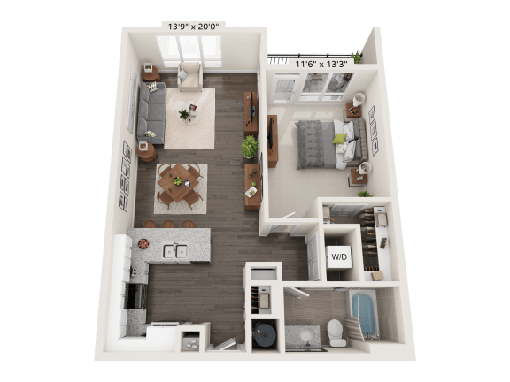 Floor Plan  Granite 3D floor plan for a 1 bed 1 bath and 808 square feet apartment at Quarry at River North.