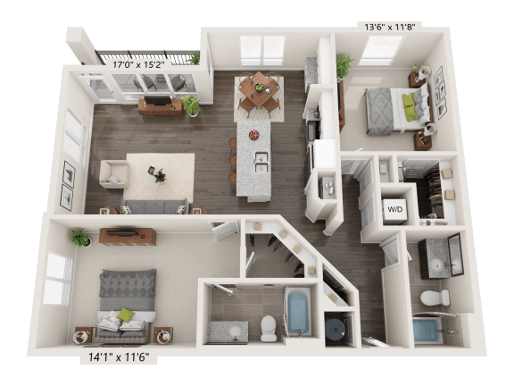 Floor Plan  Limestone Two Bed Two Bath 3D floor plan at Quarry at River North Apartments, Indianapolis, IN
