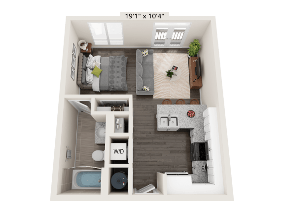 3D floor plan for a studio with 1 bath and 462 square feet at Quarry at River North at Quarry at River North Apartments, Indiana 46240
