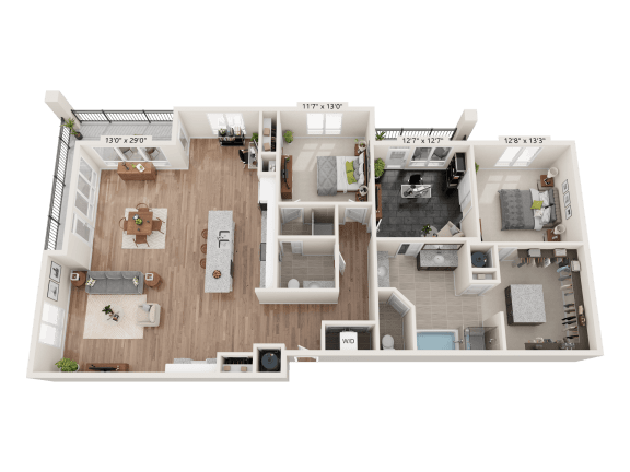 Floor Plan  North Penthouse 2 Bed 2 Bath 3D floor plan at Quarry at River North Apartments, Indiana 46240