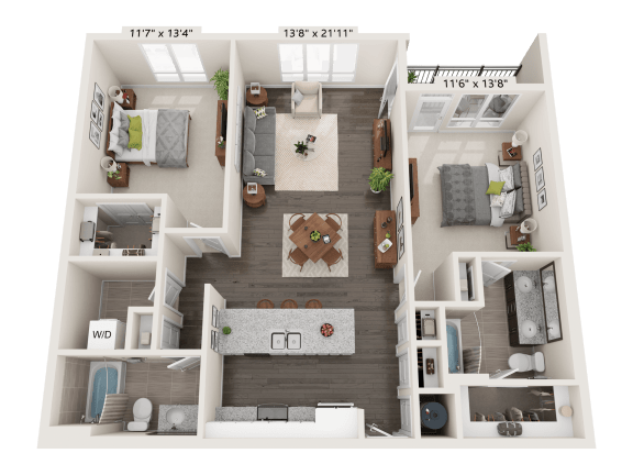 Onyx Two Bed Two Bath 3D floor plan at Quarry at River North Apartments, Indiana