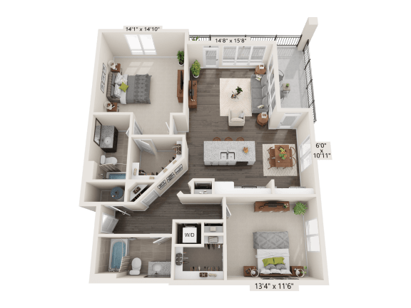 Opal Two Bed Two Bath 3D floor plan at Quarry at River North Apartments, Indianapolis, 46240