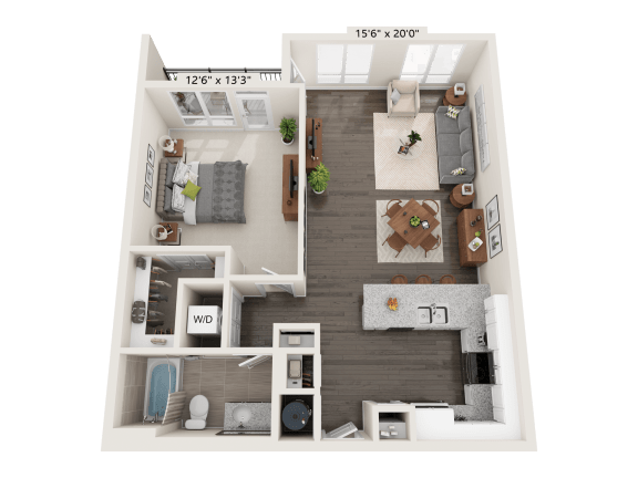 Floor Plan  Quartz 1 Bed 1 Bath 3D floor plan at Quarry at River North Apartments, Indianapolis, IN