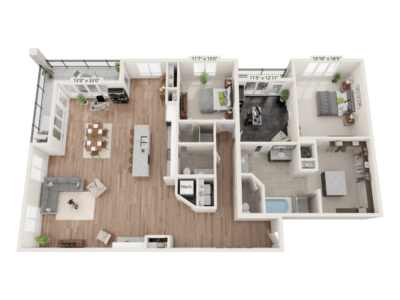 South Penthouse 2 Bed 2 Bath 3D floor plan at Quarry at River North Apartments, Indiana