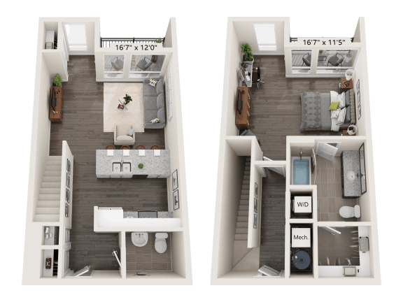 Floor Plan  Topaz 1 Bed 1.5 Bath 3D floor plan at Quarry at River North Apartments, Indianapolis, Indiana