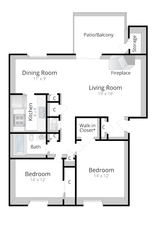 A floor plan of a house with a dining room, living room, kitchen, two bathrooms, and two bedrooms.