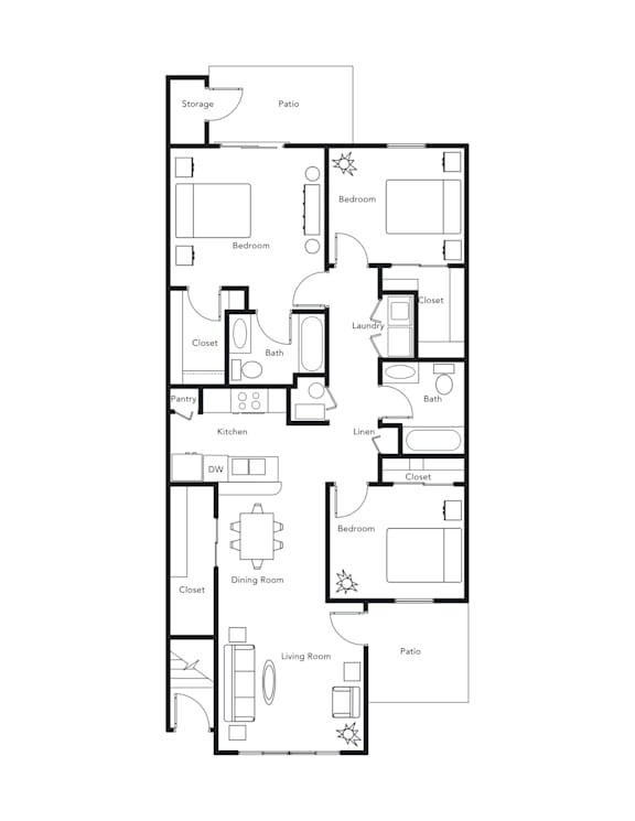 A floor plan of an apartment with a living room, dining room, kitchen, two bedrooms, a bathroom, and storage.