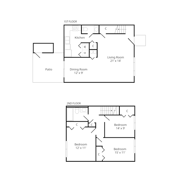 Henderson Court three-bedroom townhome floor plan showing living room, dining area, kitchen, bedrooms, bathrooms, and closet.