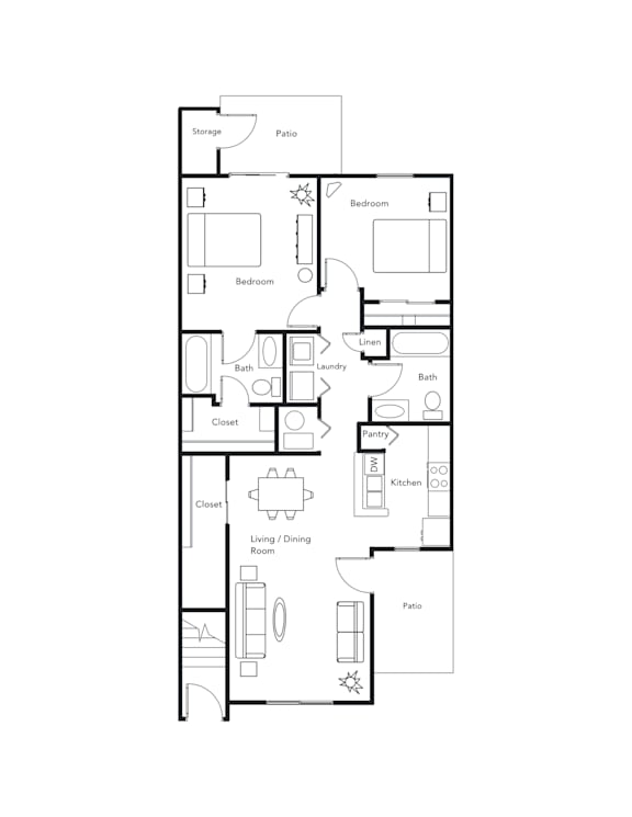 A floor plan of a house with two bedrooms, a living room, a kitchen, a bathroom, a laundry room, a storage area, and two closets.