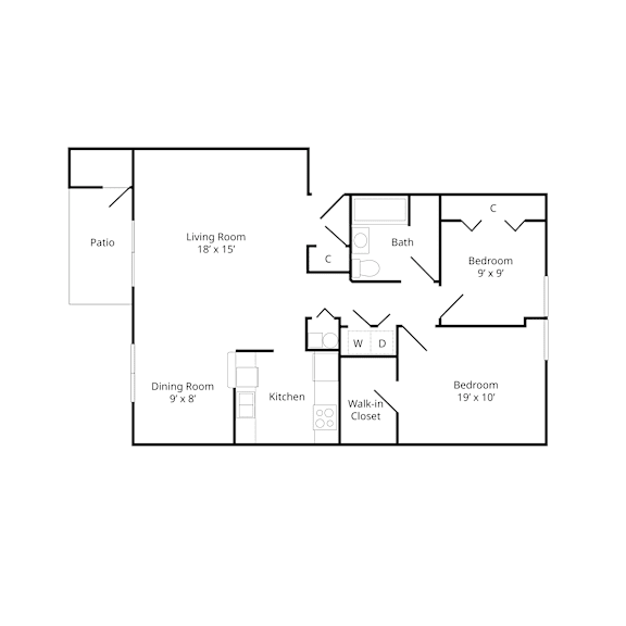 Henderson Court two-bedroom accessible apartment floor plan showing living room, dining area, kitchen, bedrooms, bathroom, and closet.