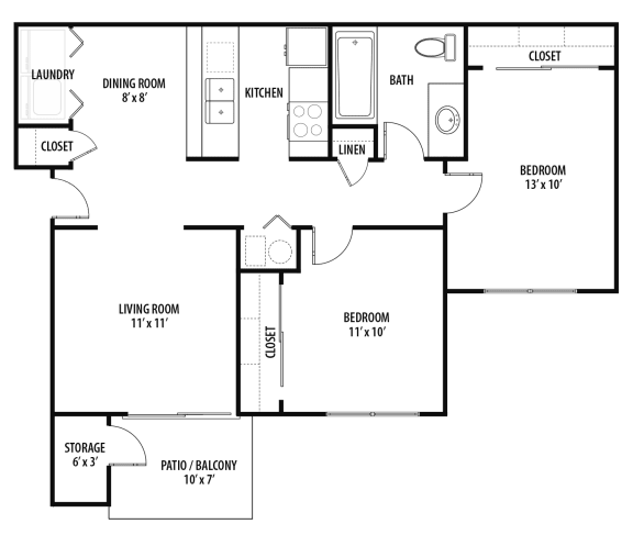 Woodland Crossing 2 Bed 1 Bath Apartment Floor Plan.