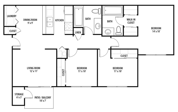 Woodland Crossing 3 Bed 2 Bath Floor Plan.