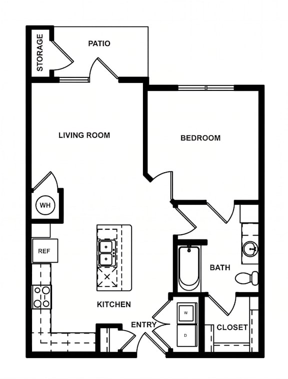 A black and white image of a floor plan for a home with a living room, kitchen, bathroom, bedroom, and storage.
