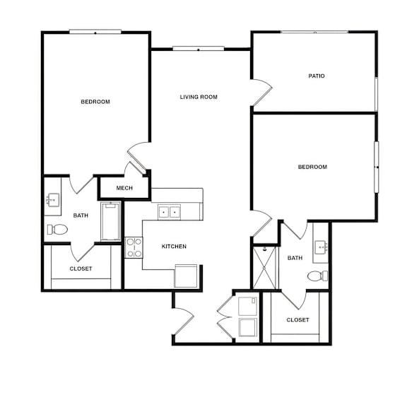 A black and white image of a house floor plan with a patio, two bedrooms, a living room, a kitchen, two bathrooms, and two closets.