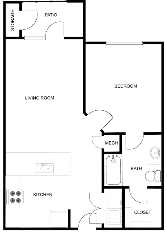 A floor plan of a home with a living room, kitchen, bathroom, bedroom, and storage.