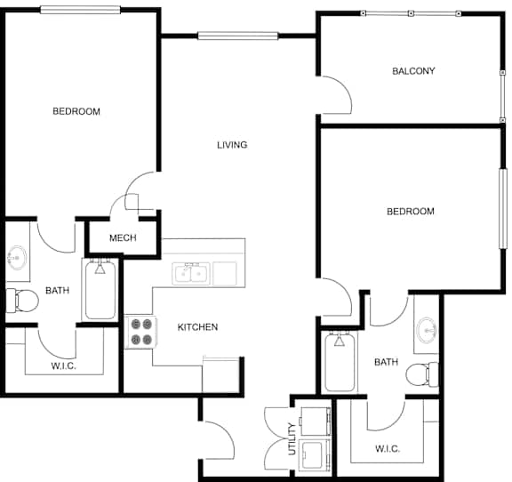 A black and white image of a house floor plan with a balcony, two bedrooms, a living room, a kitchen, a bath, a mech, and a utility room.