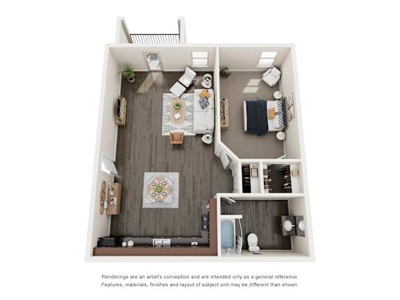 A floor plan of a small apartment with a living room, kitchen, and bedroom.