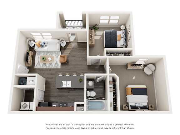 A floor plan of a small apartment with a kitchen, living room, and bedrooms.