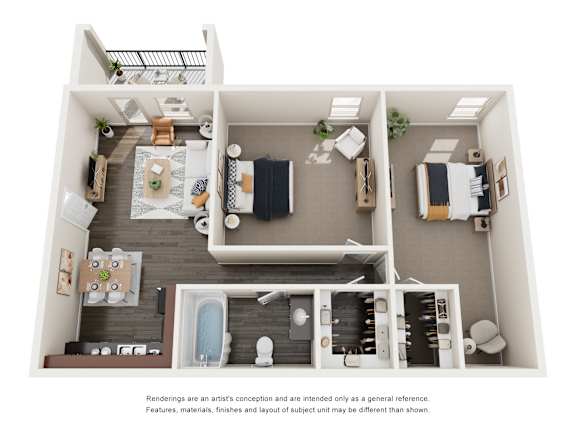 A floor plan of a small apartment with a kitchen, living room, and bedrooms.