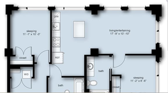 A floor plan of a small apartment with two bedrooms, a bathroom, a closet, and a living/entertaining area.
