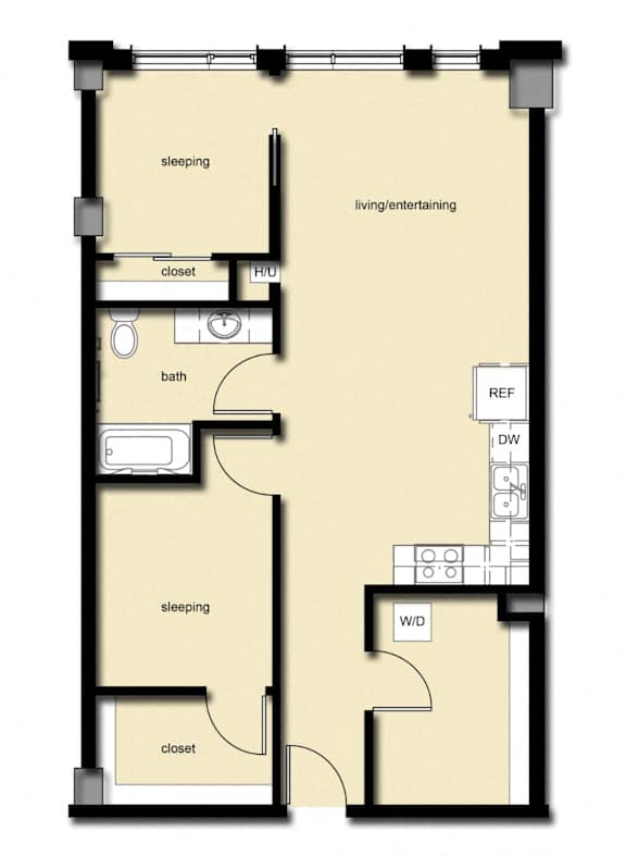Floor Plan  Two bedroom one bath floorplan layout at Stadium Place Apartments, Seattle, 98104