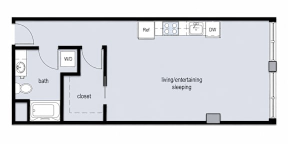 A floor plan of a small apartment with a living/entertaining area and a bedroom.