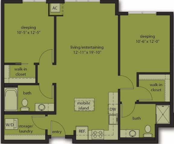 A floor plan of a house with two bedrooms, a living room, a bathroom, a walk-in closet, a laundry area, and a mobile island.