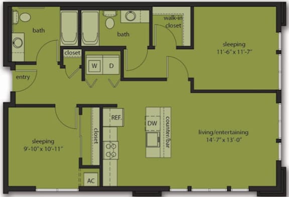 A floor plan of a house with two bedrooms, a living area, and a bathroom.
