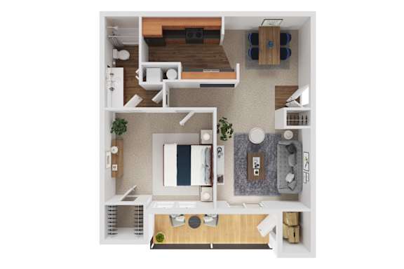 A top-down view of a small apartment with a kitchen, living room, and bathroom.