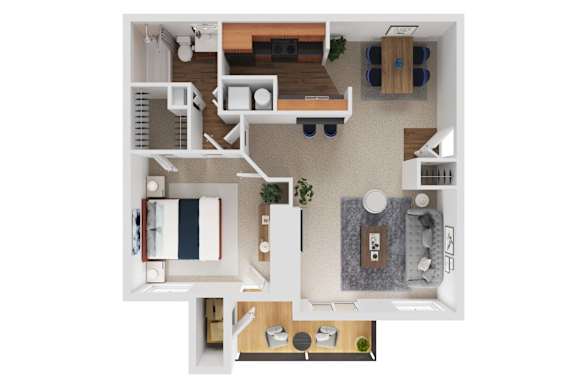 A top-down view of a small apartment with a kitchen, living room, and bathroom.