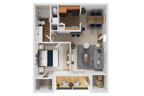 A top-down view of a small apartment with a kitchen, living room, and bedroom.
