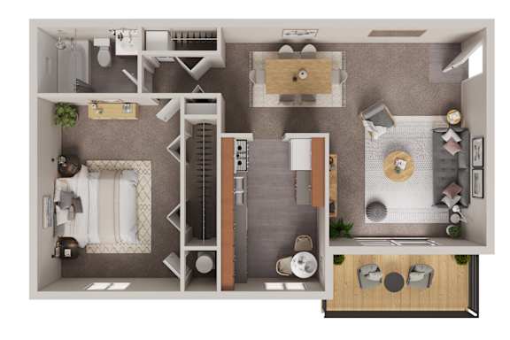 A top-down view of a small apartment layout with a kitchen, living room, and bathroom.