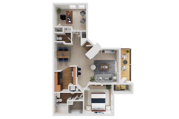 A top-down view of a small apartment with a kitchen, living room, and bedroom.