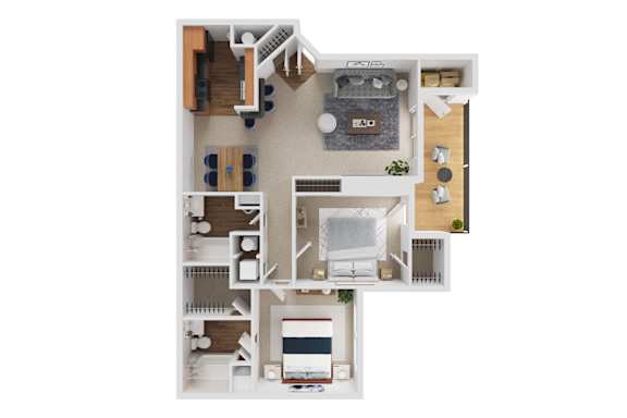 A top down view of a small apartment with a kitchen, living room, and bedroom.