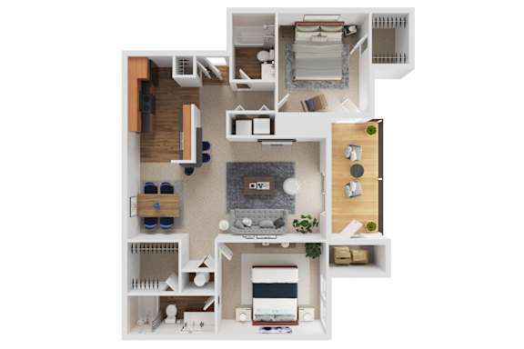 A top-down view of a small apartment with a kitchen, living room, and bathroom.