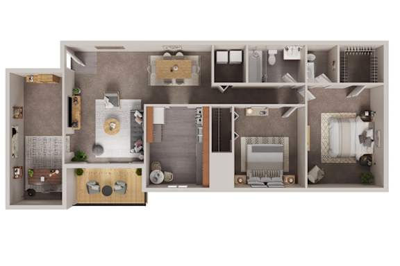 A detailed 3D floor plan of a house layout.