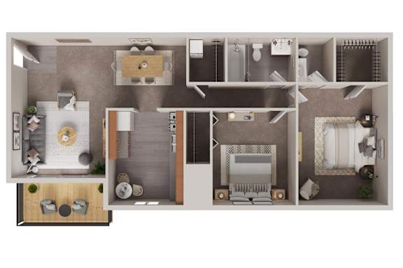 A top-down view of a small apartment layout with a kitchen, living room, and bedroom.
