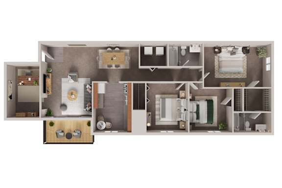 A floor plan of a house with a kitchen, living room, and two bedrooms.